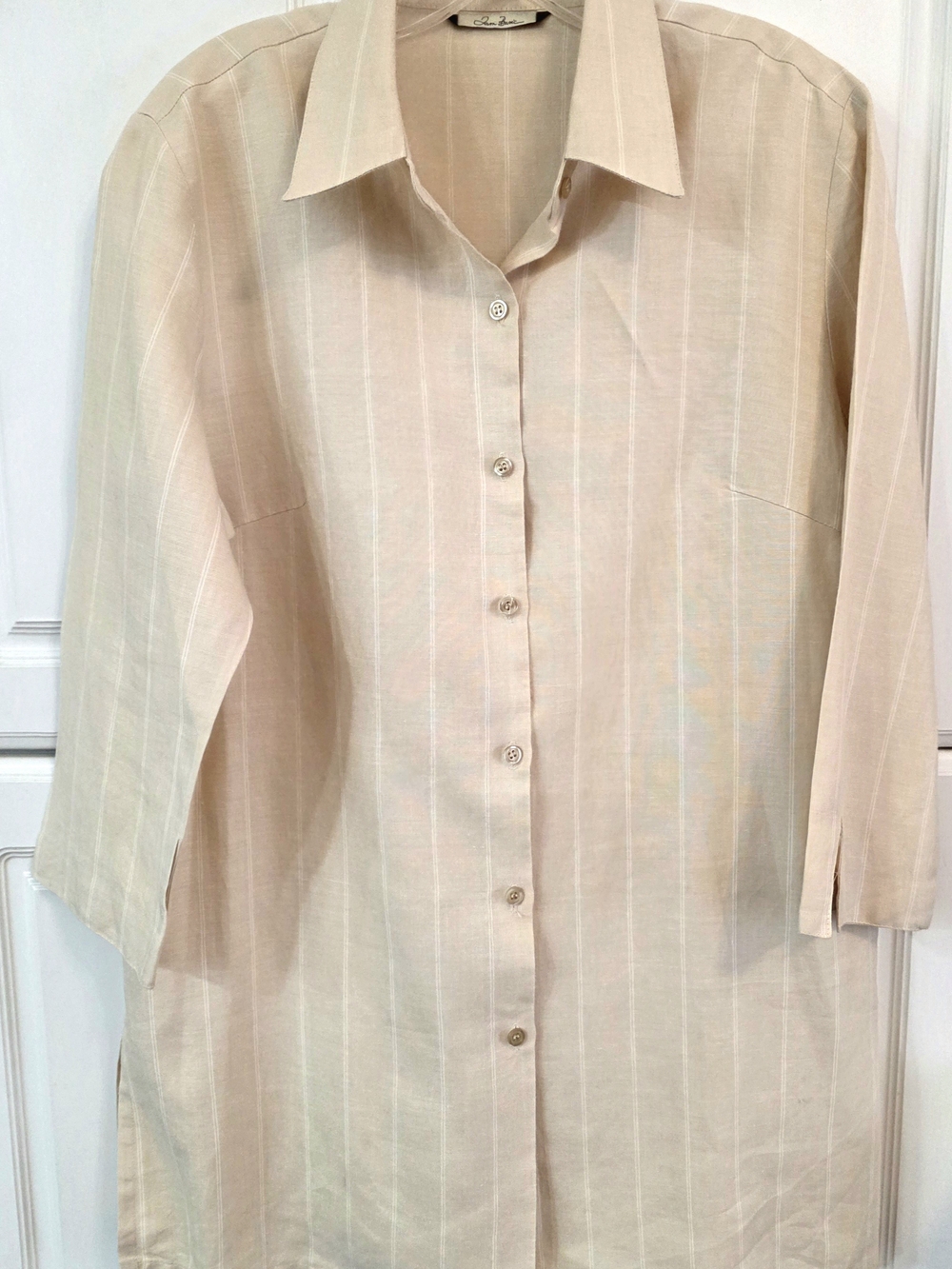 Light Beige Striped Women's Tunic Button-Up Top-Large